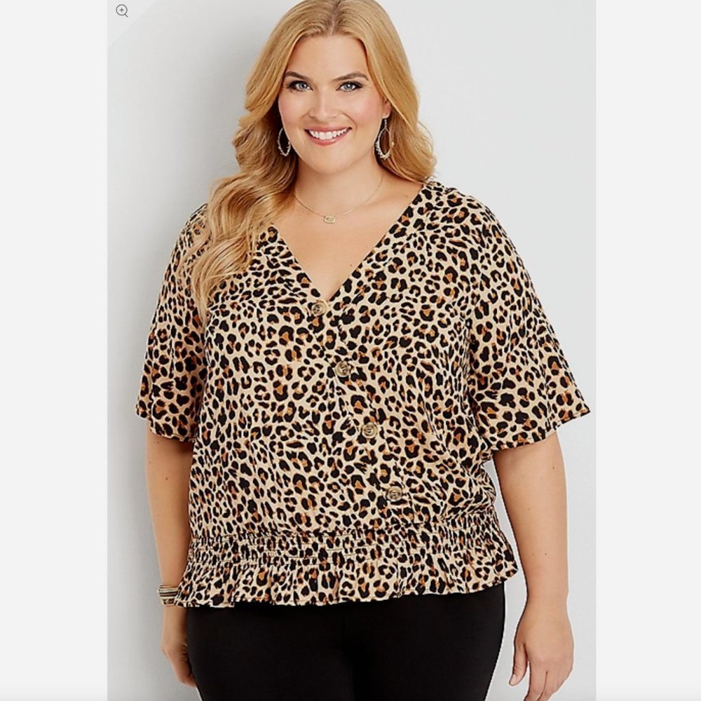 Maurices Plus Size 2X Leopard Print Smocked Botton Top Brown Short Sleeve Casual
